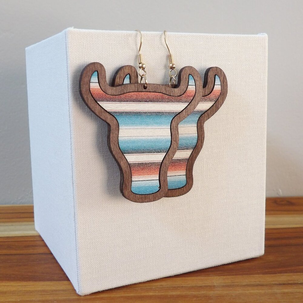 NWT Santa Fe Stripes Brown Cow‎ Print Style Wooden Earrings